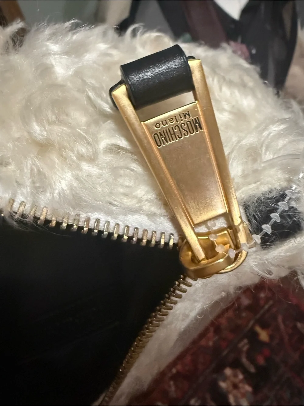 Moschino Milano Teddy Faux Fur Logo Zip Pouch Cream Black Made in Italy